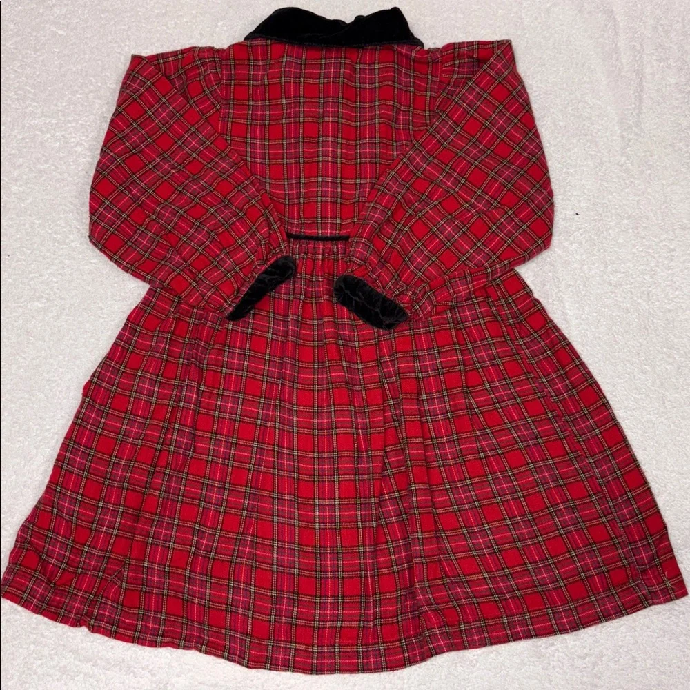 Vintage OshKosh B'gosh Red long sleeve Plaid black velvet trimmed dress girls 5